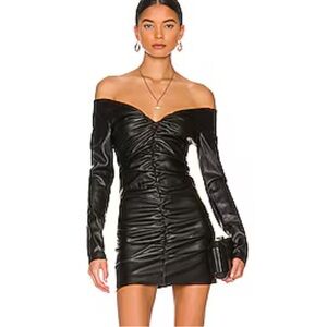 Bardot Black Marinella Faux Leather Ruched Off The Shoulder Mini Dress NWT M